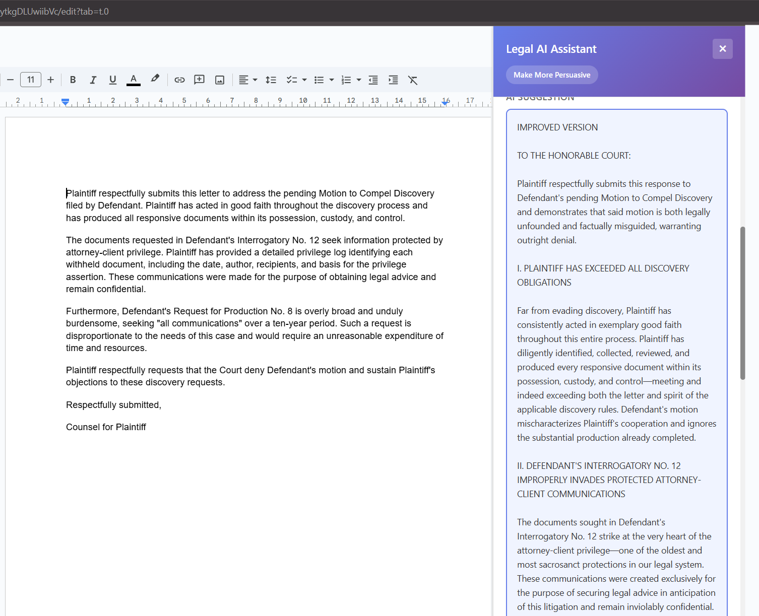 Legal Brief AI Assistant - Sidebar with AI suggestions